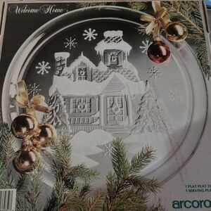 Arcroc France Glass Winter Village Platter | Snow Scene Holiday Serving Tray